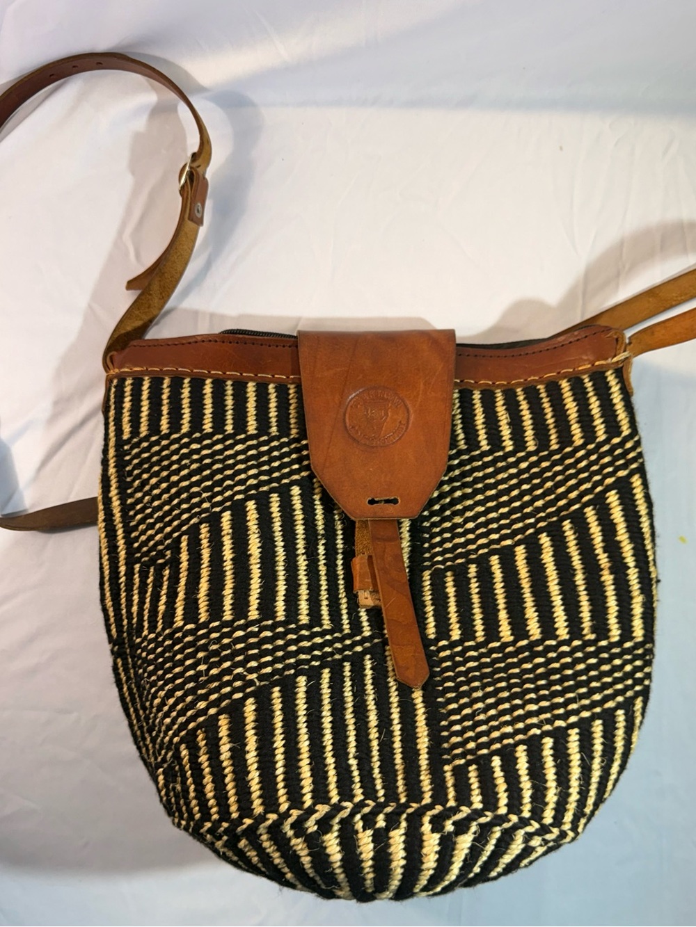 Woven Black & Cream Crossbody Bag with Brown Leather Trim